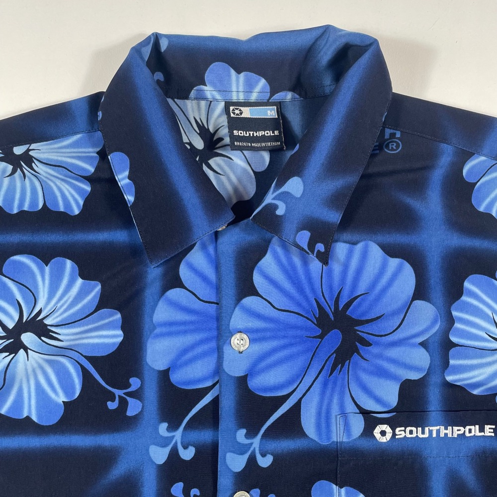Southpole Y2K Button Down Shirt Mens Medium Baggy Hibiscus Floral Print Blue AOP
